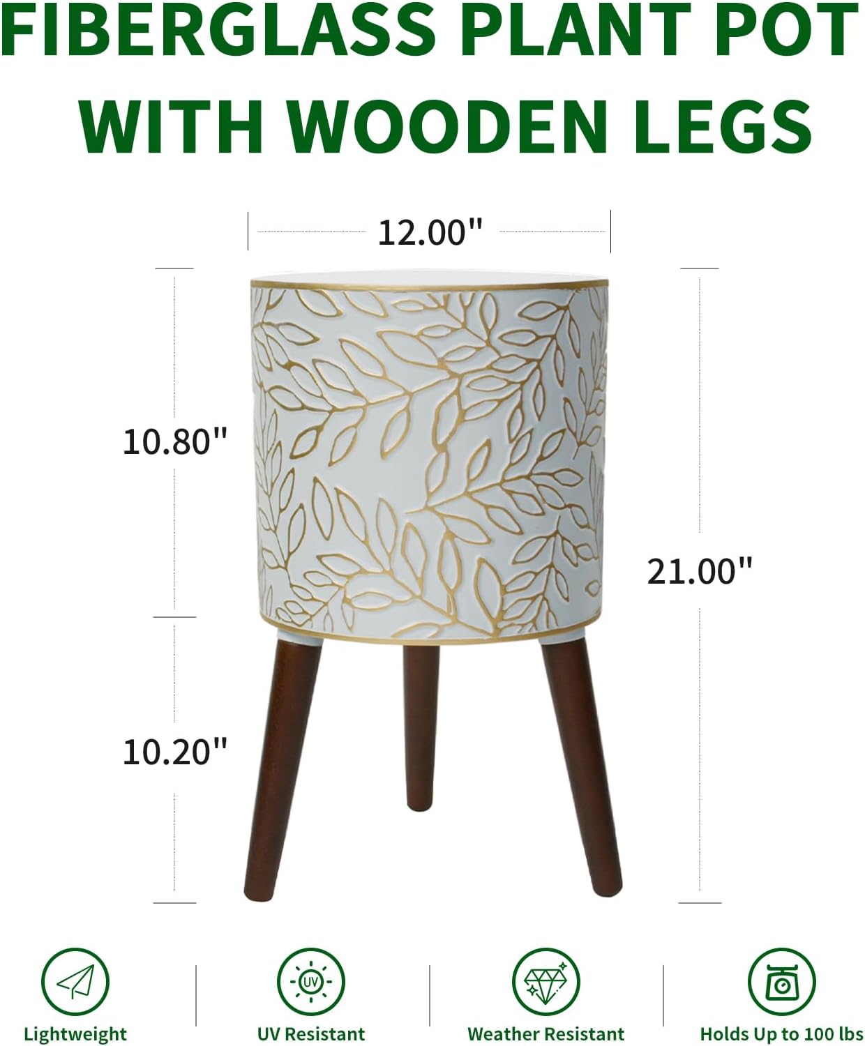 12inch Plant Pots with Wood Planter Holder Indoor Flower Pot with Gold Floral Embossed Modern Planters with Drainage Holes for Living Room, Office, Garden or Balcony