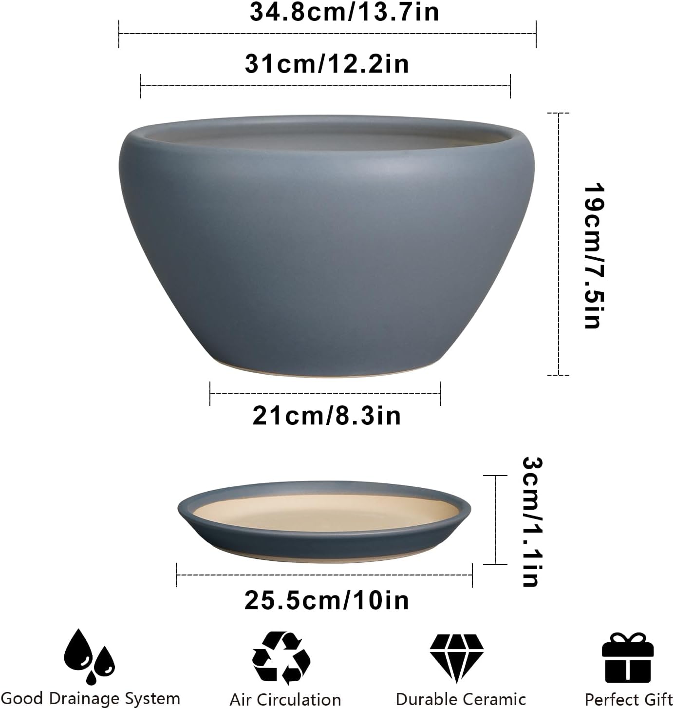 Ceramic Planter - 13 Inch Planter for Indoor Plants Large Plant Pot with Drainage Hole and Saucer Round Outdoor Planter Modern Flower Pot for Home Decor Gray