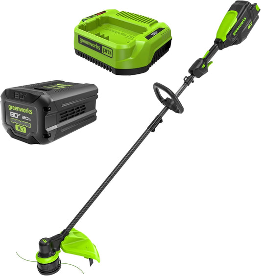 Greenworks 80V 16" Carbon Fiber Brushless Cordless String Trimmer - 2-Mile Fence Line & Driveway Edging Pro, 2.0Ah Battery/Charger Included, 23% Lighter vs Gas Trimmers