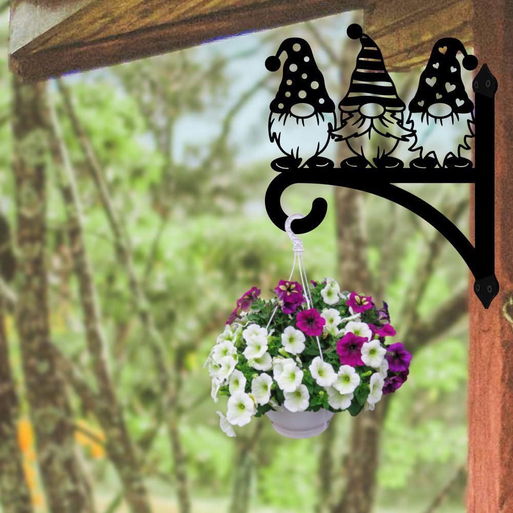 peacoblue Iron Plant Hangers Hooks for Outdoor Indoor Hanging Plants Flower Fern Pots, Lantern, Bird Feeder, 12”x14”Gnome Weather Resistant Metal Wall Brackets Holder for Porch, Garden, House(Gnome)