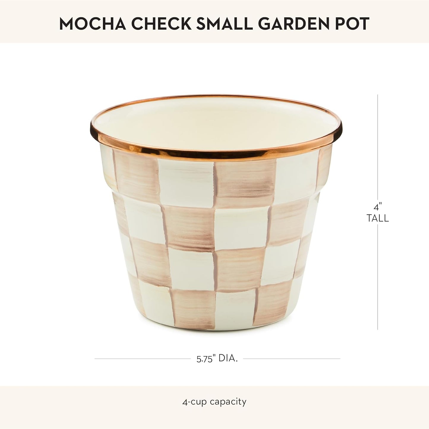 MACKENZIE-CHILDS Enamel Garden Pot, Decorative Pot for Plants, Outdoor Flowerpot Decor, Small, Brown-and-White Mocha Check
