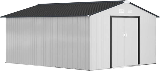 Outsunny 11' x 13' Outdoor Storage Shed, Garden Tool Metal Shed with Foundation Kit, Double Lockable Door, Air Vents and Sloping Roof, for Backyard, Patio, Lawn, White