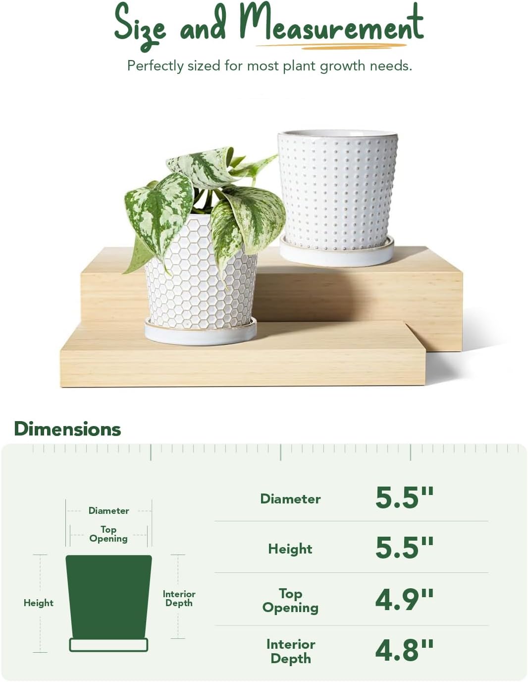 LE TAUCI Ceramic Plant Pots, 5.4 Inch Pots for Indoor Plants, Planters with Drainage Hole and Saucer, Flower Pots for Succulent, Snake Plants and Cactus, Set of 2, Reactive Glaze White