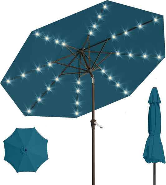 9FT Solar Umbrella 32 LED Lighted Patio Umbrella Table Market Umbrella w/Tilt and Crank, UV-Resistant Outdoor Umbrella for Pool, Garden, Deck, Lake Blue