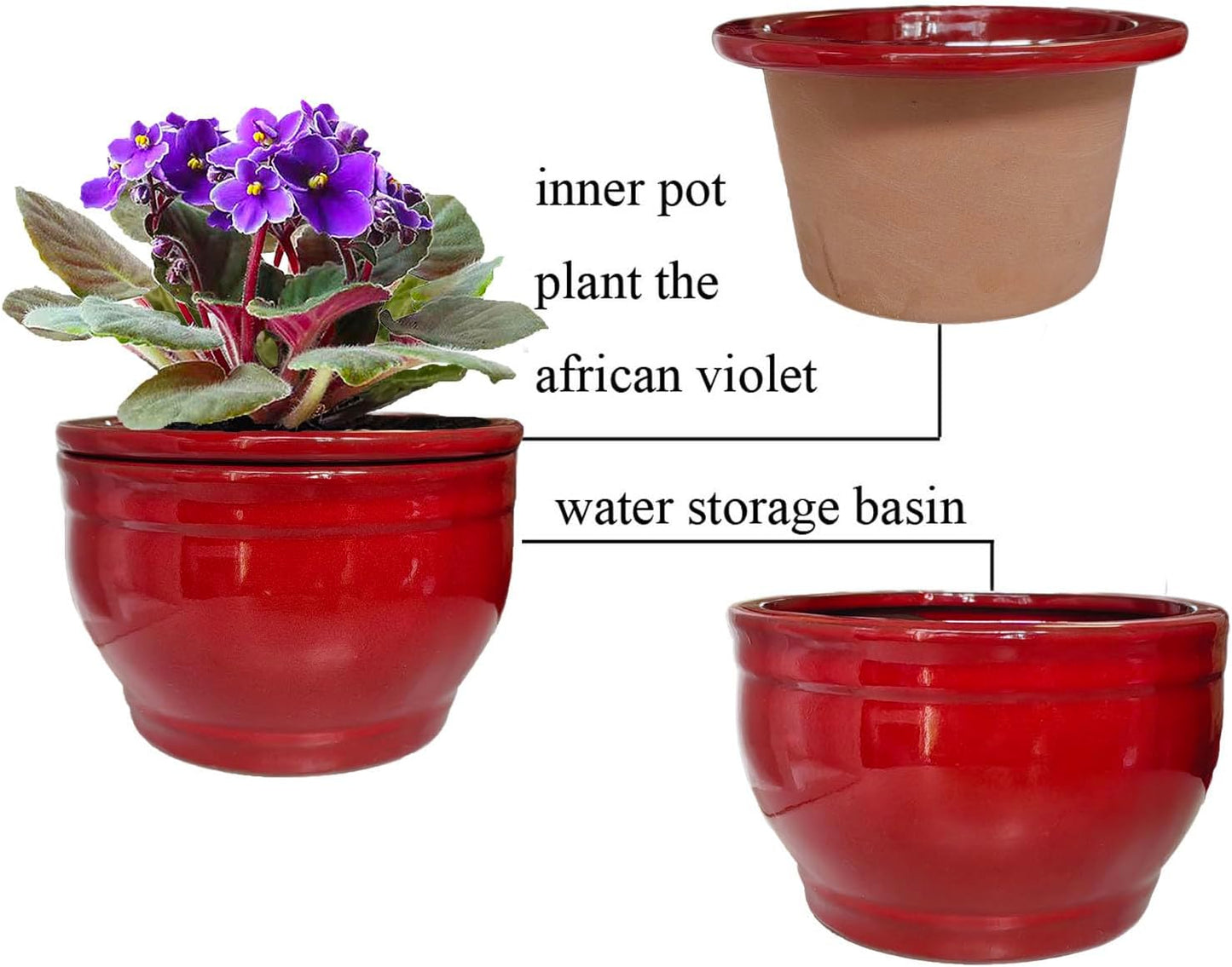 African Violet Pots Self Watering Round Ceramic Violet Pot (red, 6 inch)