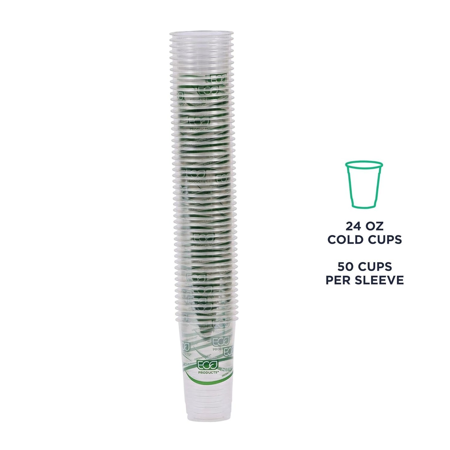ECO PRODUCTS GreenStripe Clear Compostable 24oz PLA Large Plastic Cups, Pack of 50, Disposable Renewable Plant-Based Cold Cups, For Cold Drinks & Snacks, BPI Certified, ASTM Compliant.