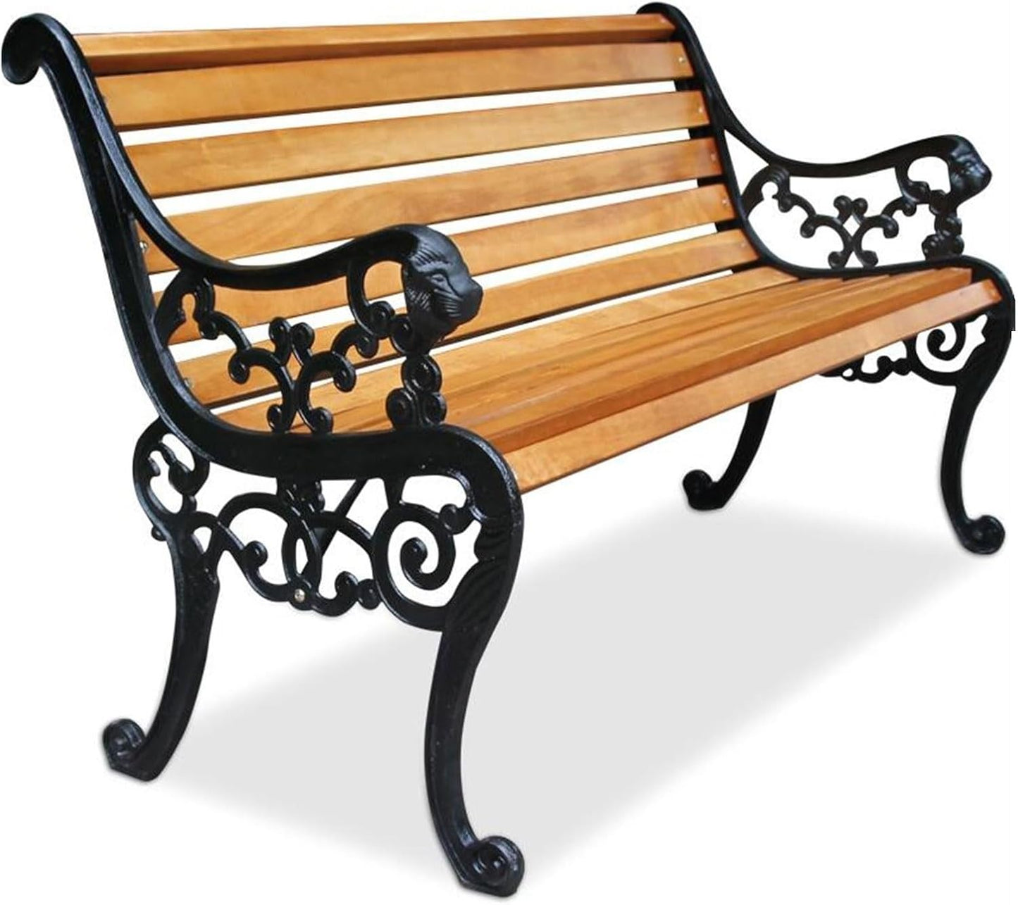 Outdoor Solid Wood Garden Park Bench for 2-3 People, Weatherproof Patio Lawn Bench Porch Seat with Cast Iron Frame, Porch/Deck/Patio Furniture Bench with Backrest and Armrests(Teak+Black Chair Legs,15