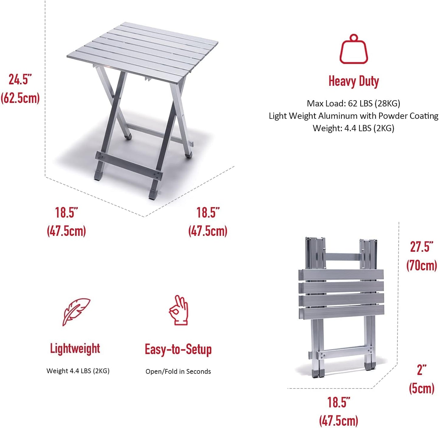 SUNNYFEEL Folding Camping Table - Lightweight Aluminum Portable Picnic Table, 18.5x18.5x24.5 Inch for Cooking, Beach, Hiking, Travel, Fishing, BBQ, Indoor Outdoor Small Foldable Camp Tables