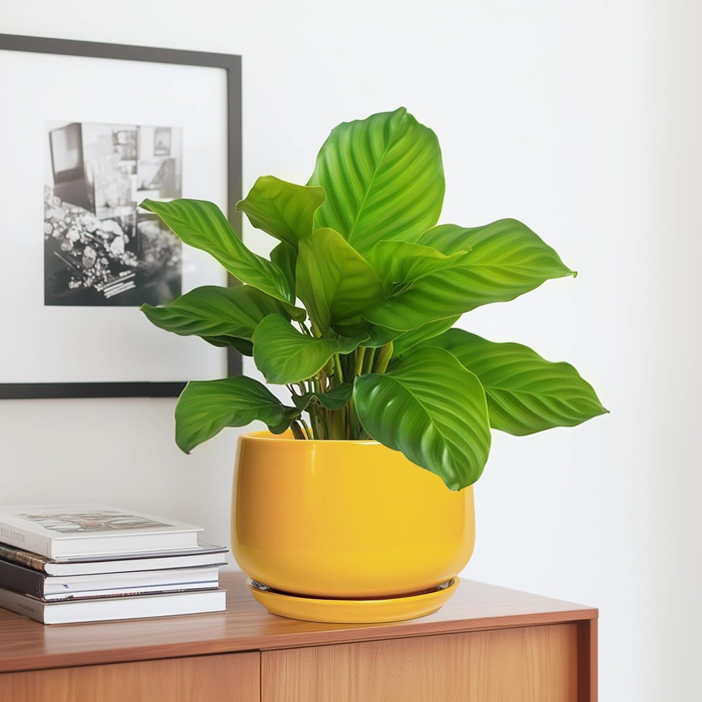 G EPGardening Ceramic Pots for Plants - 7 Inch Plant Pot with Drainage Hole and Saucer, Modern Ceramic Planter for Indoor Outdoor, Round Flower Planter, Gifts for Plants Lovers, Home Decor, Yellow