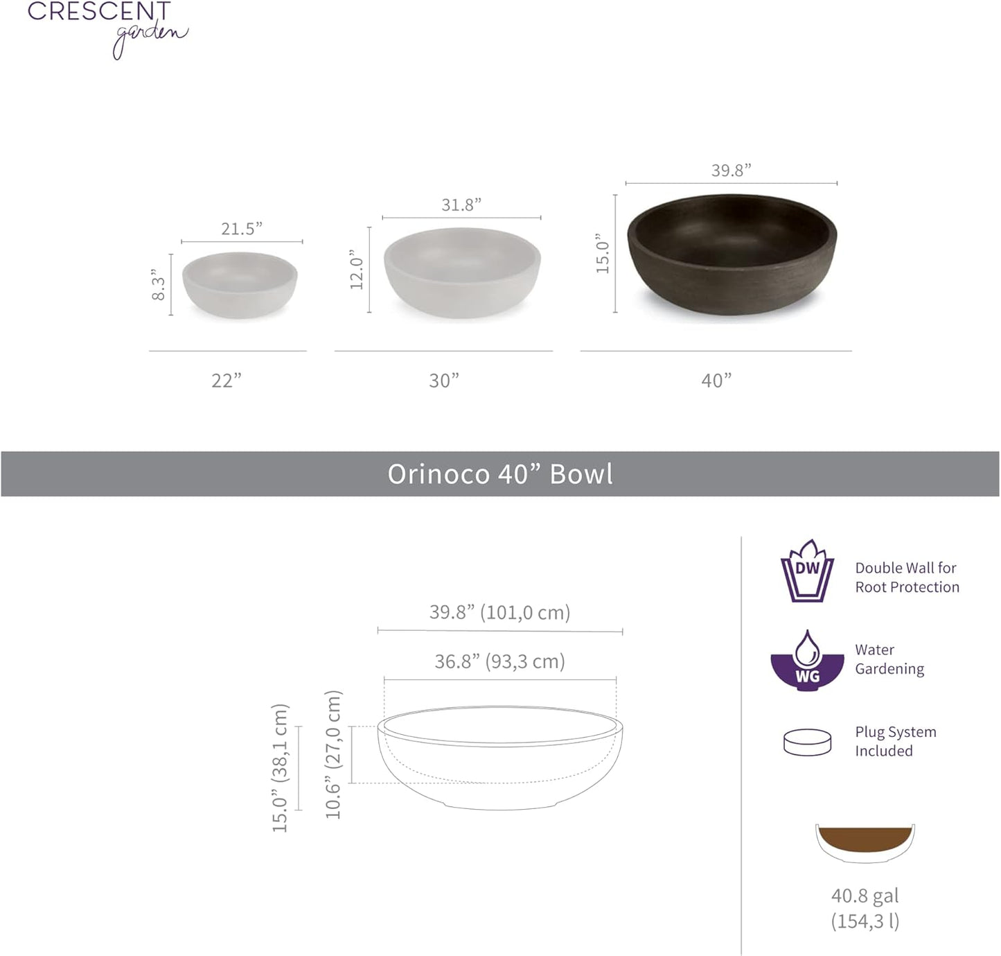 Crescent Garden Extra Large Outdoor Planter Bowl with Drain Hole for Water Gardens, Fountains, Decorative Landscaping - 40" W x 15" H (Old Bronze)