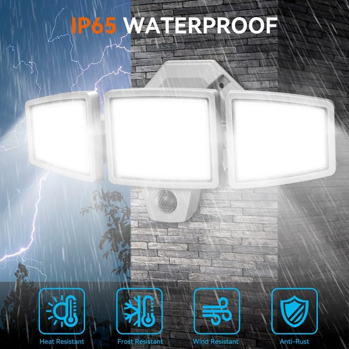 65W LED Flood Light Outdoor, 6500LM, Waterproof, 6500K Motion Sensor Flood Lights Outdoor with Adjustable 3 Head Detected Floodlight for Outside Entryway Garage, Yard, Porch, White