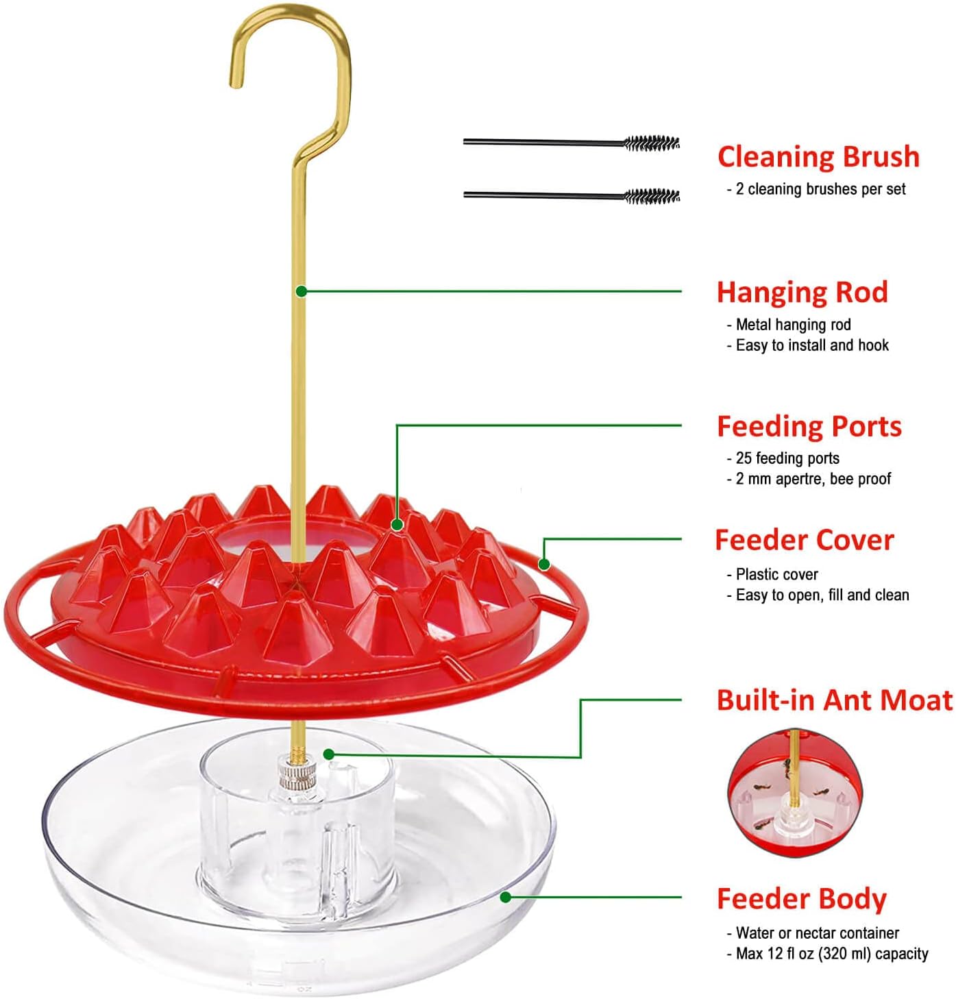 Hummingbird Feeders for Outdoors Hanging (2 Pack), 25 Feeding Ports 10 oz Plastic Hummingbird Feeder, Bee-Proof Leak-Proof No Drip, Easy to Clean with Cleaning Brushes