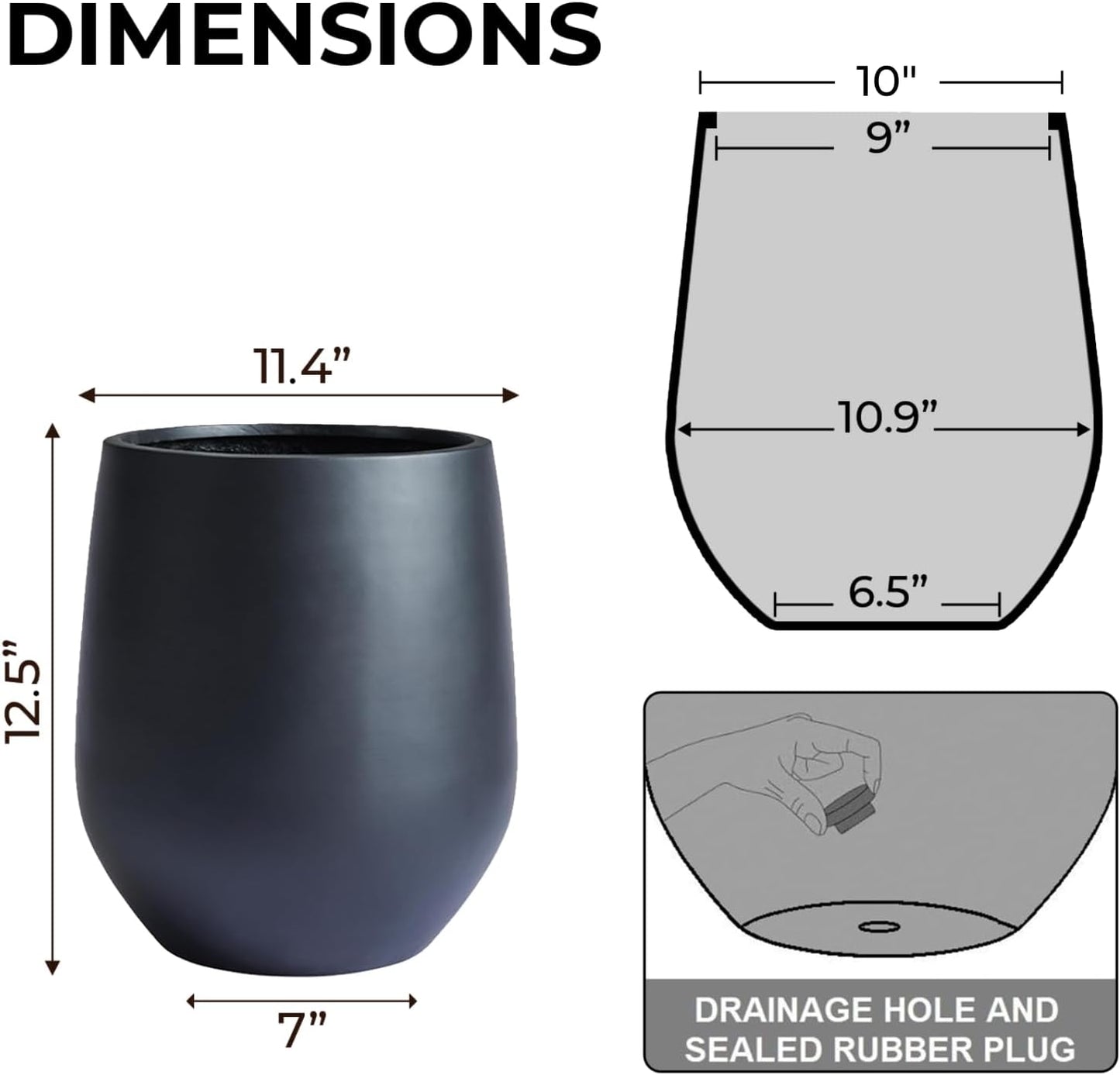 12.5"H x 11.4"D Corso Fiberstone Round Tapered Planter with Drainage Hole, Smooth Finishes, Weather Resistant for Indoor and Outdoor Use, Included 2 Extra Coco Mats (Black, 9" Pot Opening)