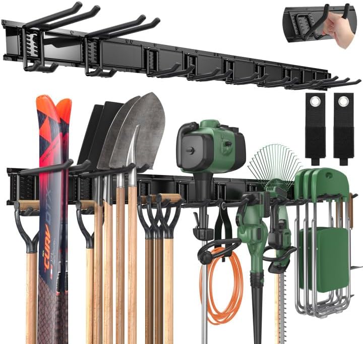 LBT 66" Garage Tool Organizer Wall Mount - 720lbs Garden Tool Organizer with Adjustable Hooks, Heavy Duty Metal Garage Storage Rack, Anti-Rust Shed Rack Holder Hanging Rake Broom Mower Snowboard