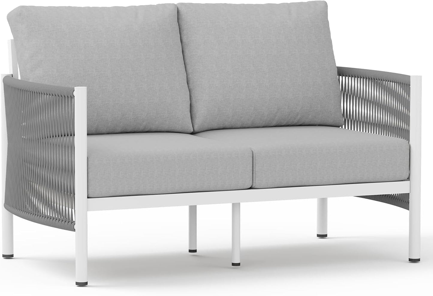 Aluminum Outdoor Patio Couch Loveseat, HDPE Rope Patio Sofa with Washable Thick Cushion, All-Weather Patio Furniture for Balcony, Yard, White Frame, White