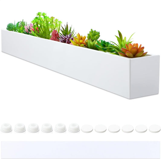 32 x 3.5 x 3.5 Inch Long Rectangular Planter Box Window Sill Plant Box Metal Water Trough Indoor Large Modern Steel with Drainage Holes Herb Garden Home(White)