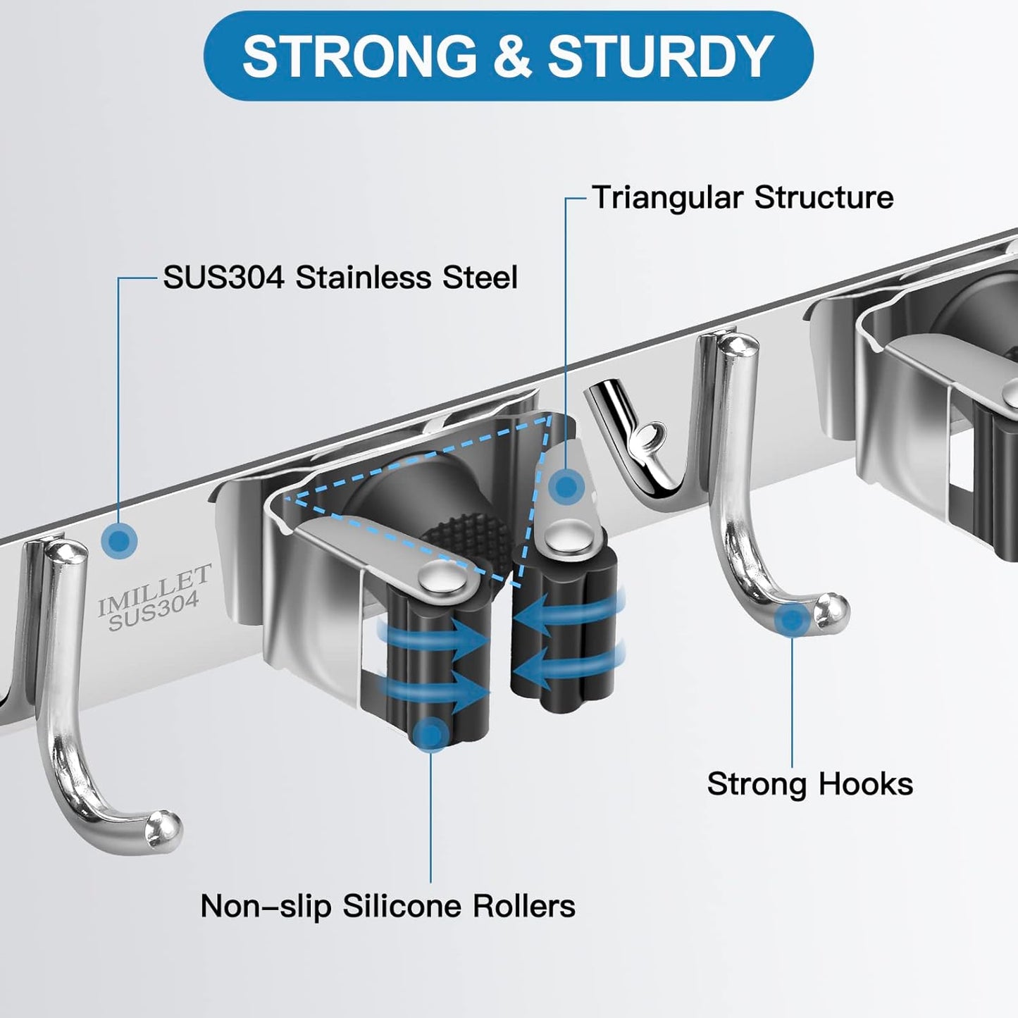 IMILLET Broom Holder Wall Mounted, Stainless Steel Broom Mop Holder Self Adhesive Heavy Duty Hooks Storage Organizer for Home Laundry Room Garden Garage Closet Kitchen 1 Pack（5 Racks with 4 Hooks）