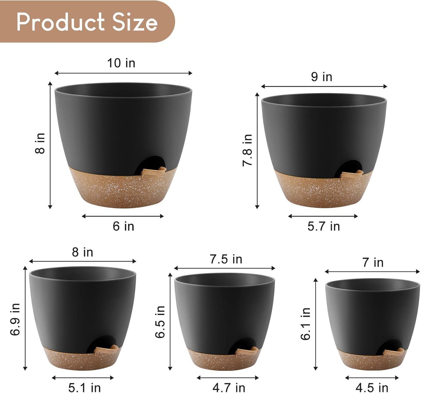 Plant Pots 10/9/8/7.5/7 inch, Self Watering Planters with Drainage Holes & Saucers for Indoor and Outdoor Plants (Black)