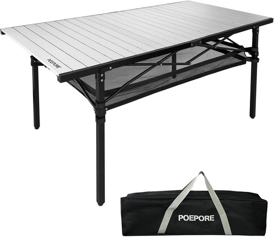 Large Folding Camping Table Aluminum with Storage for 4-6 People 55"X27.5" Roll Up Tall Outdoor Portable Table Lightweight with Carry Bag for Picnic BBQ Backyard Beach
