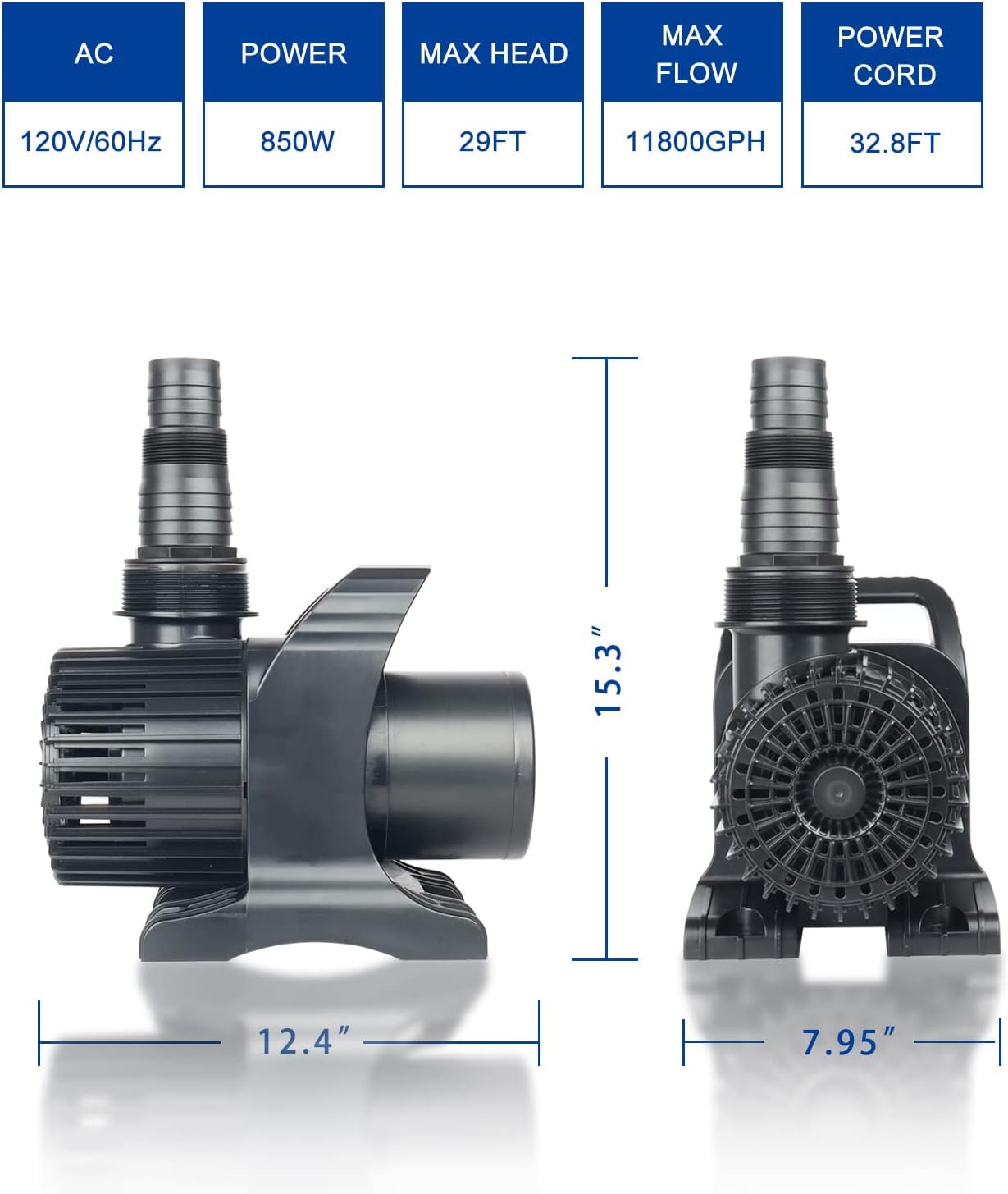 OYO WATER Outdoor Extra Large 11800gph-850W 32.8FT Pond Water-fall & Kio Fish Fountain-s& Garden Pump Submersible IPX8: Long 32.8FT Cord Smart-er&Quieter Duck&Yard&Patio Ponds Pumps,1 Barrier Pump Bag