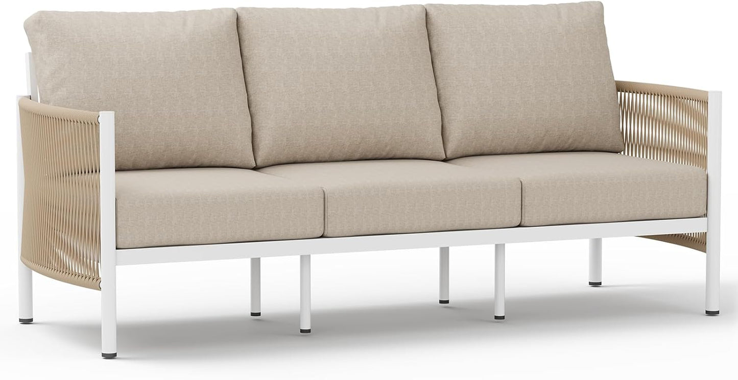 Aluminum Outdoor Patio Couch, 3 Seats HDPE Rope Patio Sofa with Washable Thick Cushion, All-Weather Patio Furniture for Balcony, Yard, White Frame, Ivory