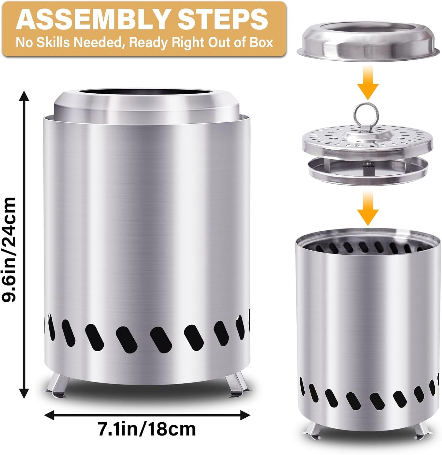 HGD 9.6 x 7.1 in Small Tabletop Fire Pit, Portable Mini Smokeless Table Top Firepit, Low Smoke Camping Stove for Outdoor & Patio, Fueled by Pellets or Wood, with Travel Bag, Stainless Steel, Silver