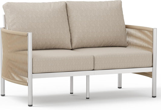 Aluminum Outdoor Patio Couch Loveseat, HDPE Rope Patio Sofa with Washable Thick Cushion, All-Weather Patio Furniture for Balcony, Yard, Silver Frame, Beige