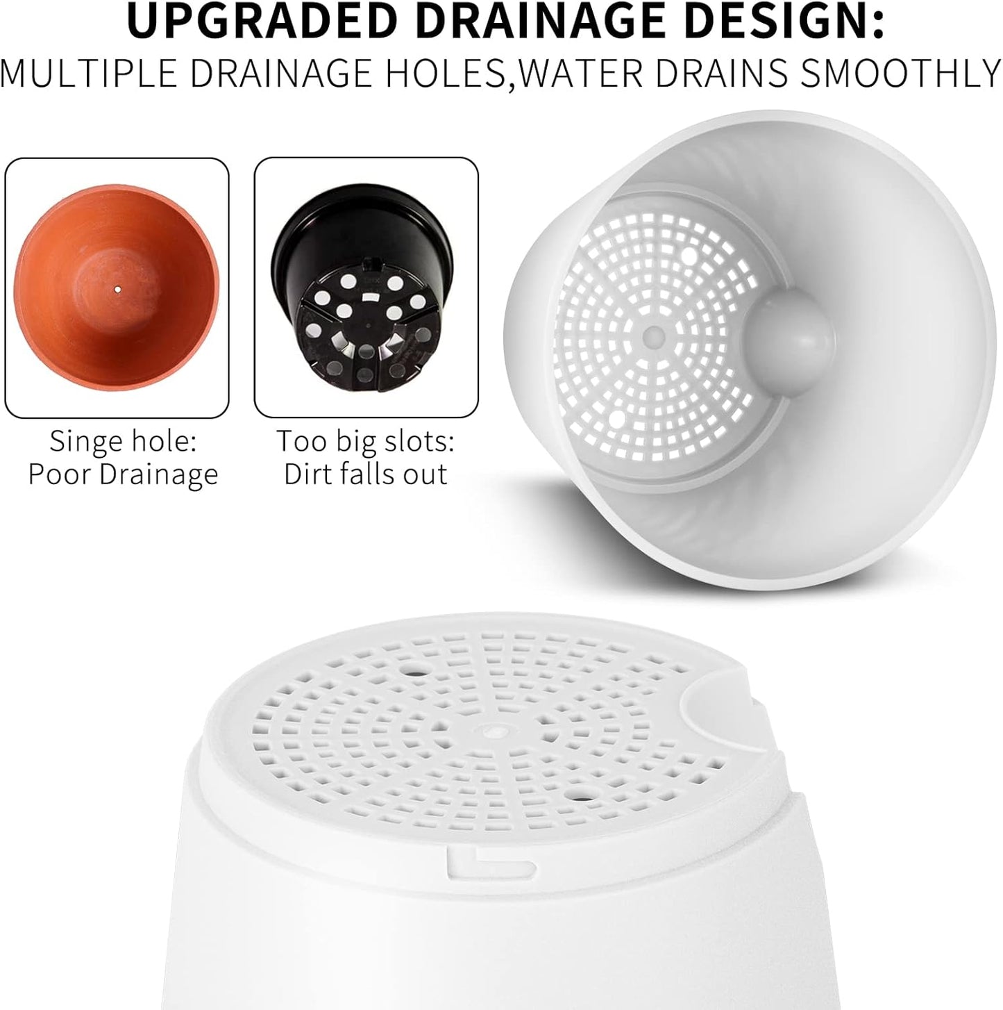 GARDIFE Plant Pots 7/6.5/6/5.5/5 Inch Self Watering Planters with Drainage Hole, Plastic Flower Pots, Nursery Planting Pot for All House Plants, African Violet, Flowers, and Cactus,White