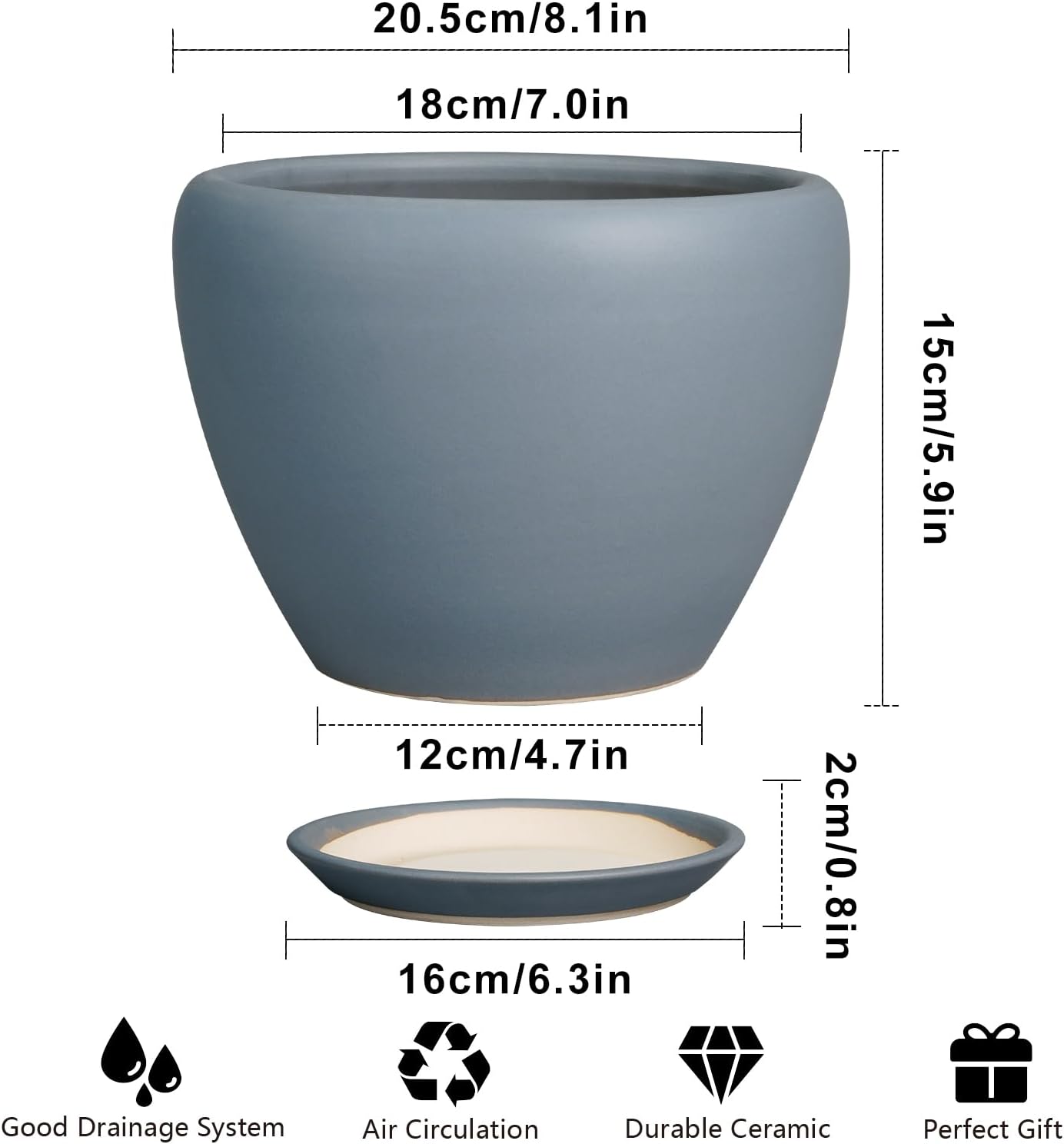 Ceramic Pot for Plants - 8 Inch Plant Pot Indoor with Drainage Hole and Saucer Decorative Planter for Outdoor Plants Modern Flower Pot for Home Decor Garden Gray