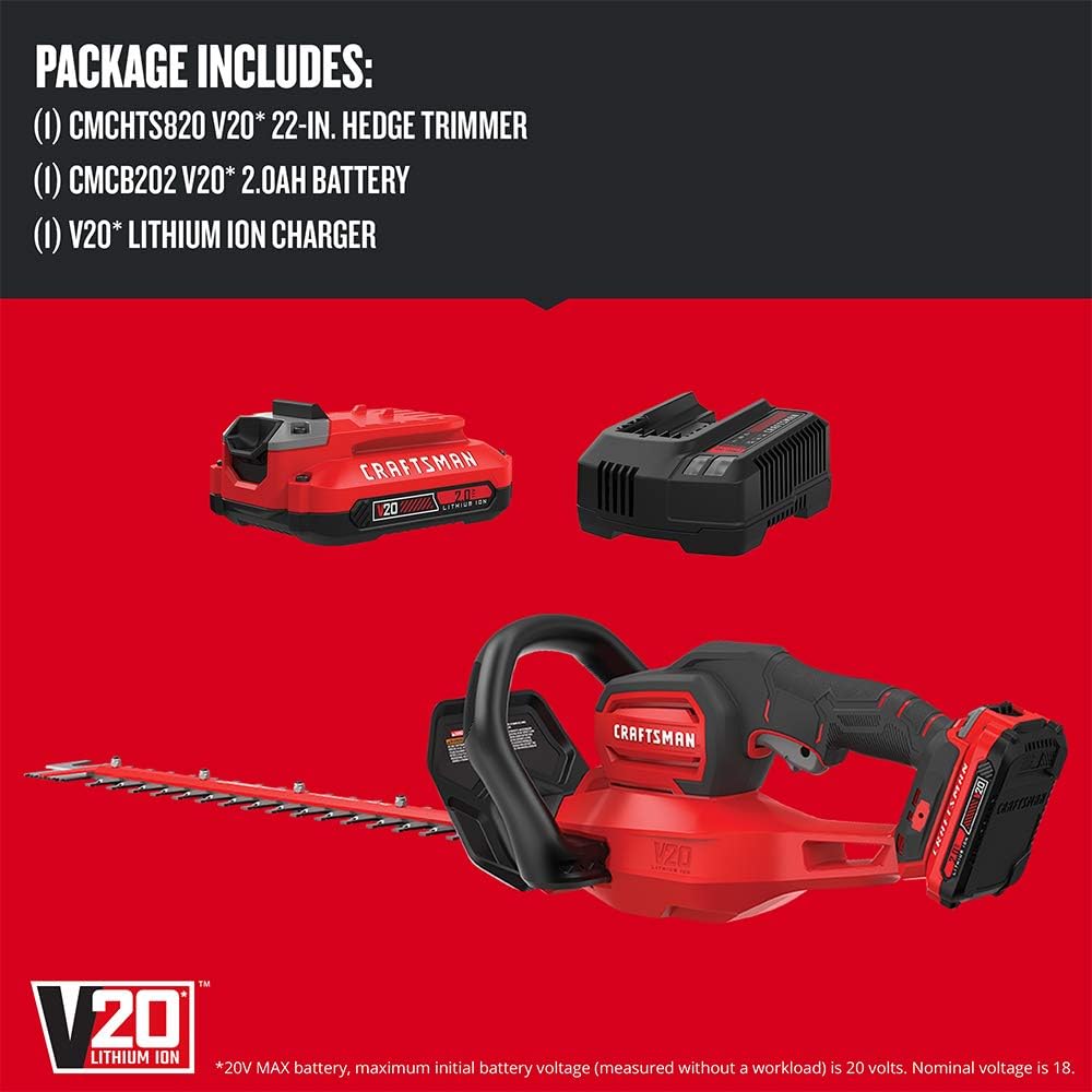 CRAFTSMAN V20 Cordless Hedge Trimmer, 22" with POWERSAW Branch Cutter, Battery and Charger Included (CMCHTS820D1)