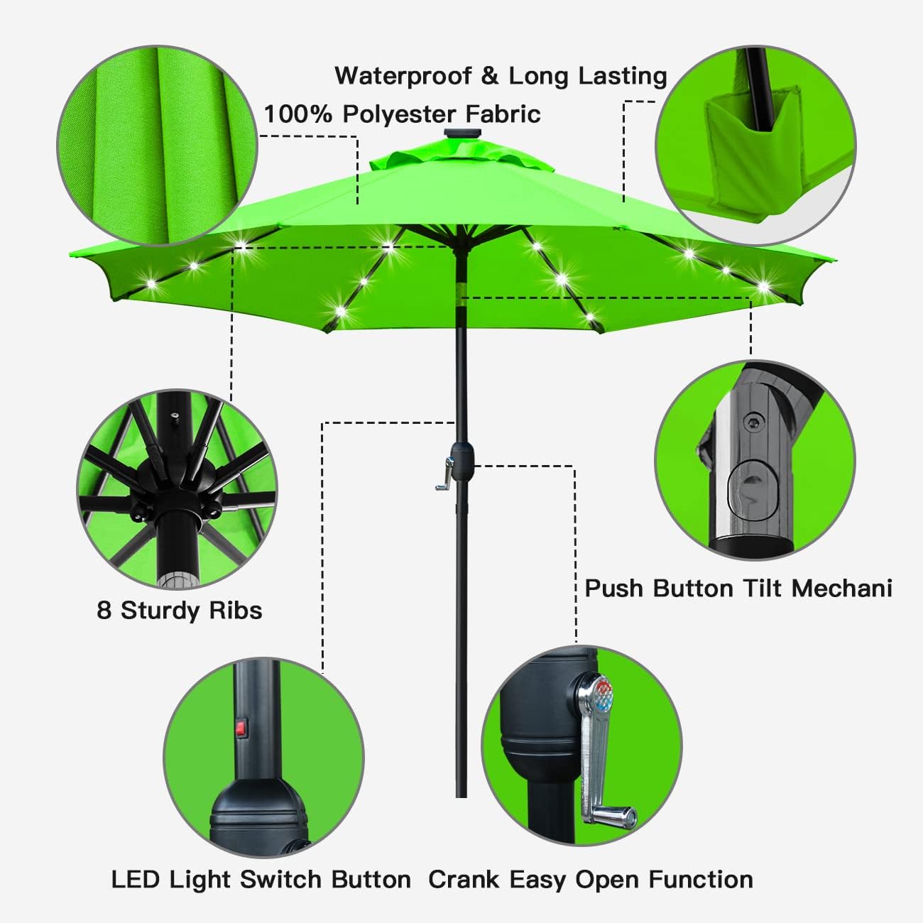 Sunnyglade 9' Solar LED Lighted Patio Umbrella with 8 Ribs/Tilt Adjustment and Crank Lift System (Grass Green)