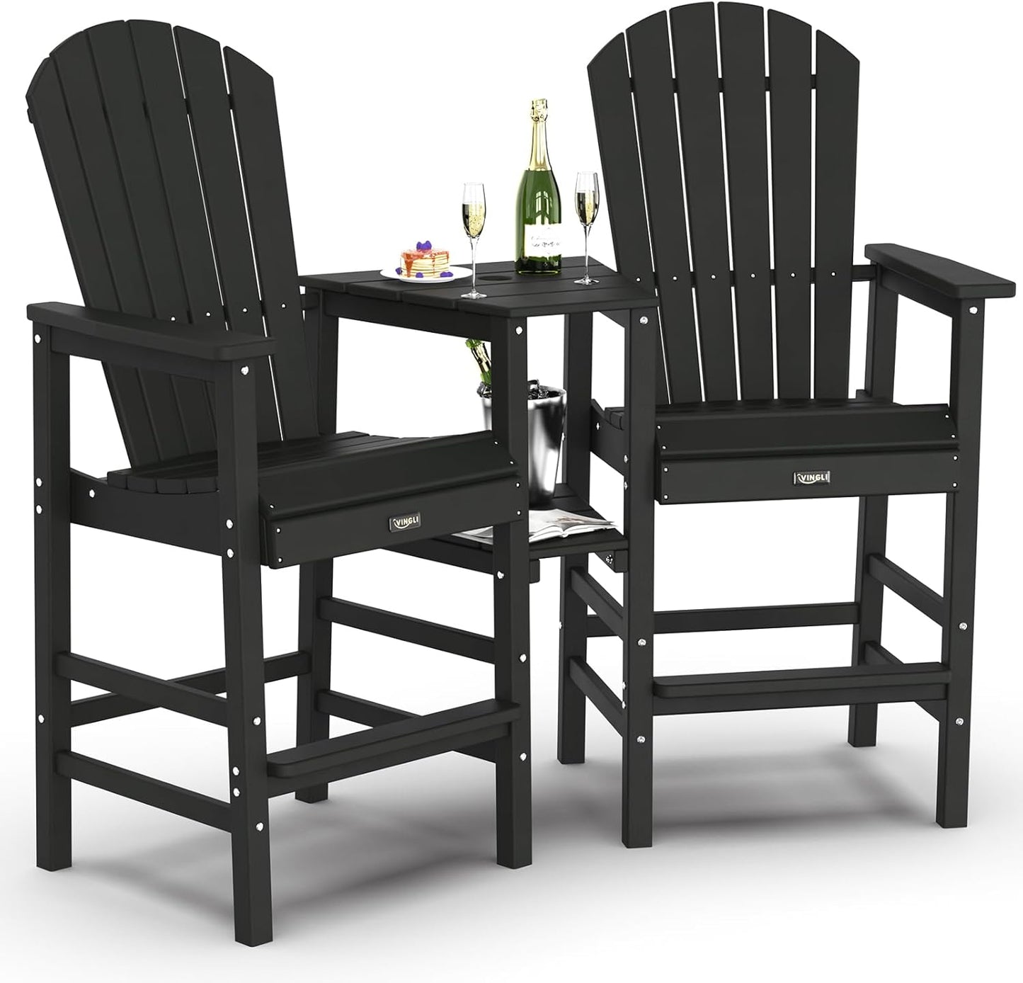 VINGLI Tall Adirondack Chairs Set of 2, HDPE Balcony Chair with Double Connecting Tray Weather Resistant Outdoor Bar Stools for Patio Deck Lawn Pool Backyard (Black)