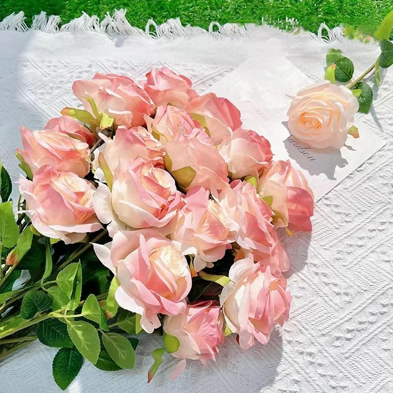 Rose Pink Artificial Roses Fake Flowers Not Bend The Peduncle with Stems for DIY Wedding Bouquets Bridal Shower Centerpieces Arrangements Tables Decorations 12pcs