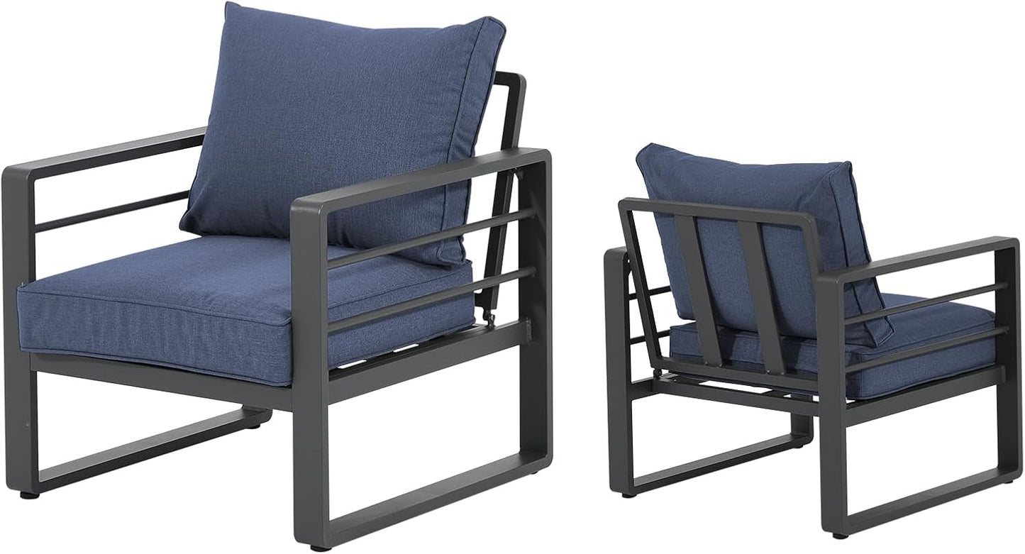 Patiorama Aluminum Patio Furniture Set, 2 PCS Outdoor Armchairs Single Sofa Couch, All Weather Dark Grey Metal Chair with Olefin Cushion, Deep Seating, 300 lbs Capacity, Deck, Garden-Blue Cushion