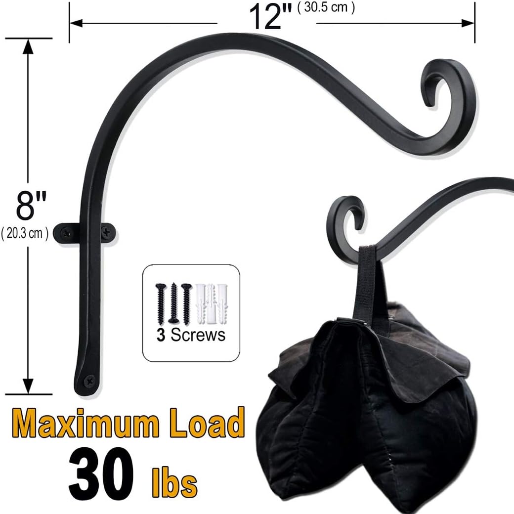 Hanging Plant Brackets Outdoor: 12-Inch Hanging Plant Hangers Wall Hooks - Wall Mount Brackets for Bird Feeder Flower Baskets Black