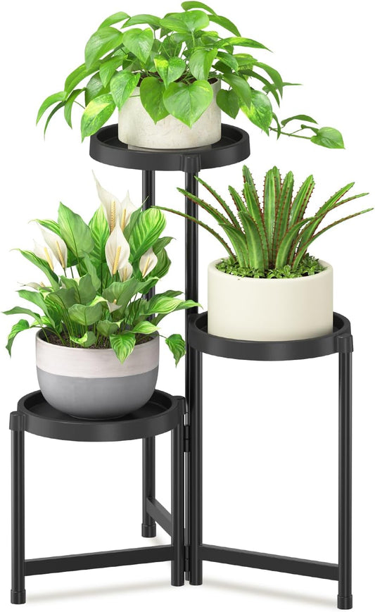 iDavosic.ly 3 Tier Folding Plant Stand Indoor Outdoor with Plastic Tray, Tiered Corner Flower Holder Shelf, Metal Orchid Display Rack for Patio Porch Living Room Garden Balcony, Modern Black