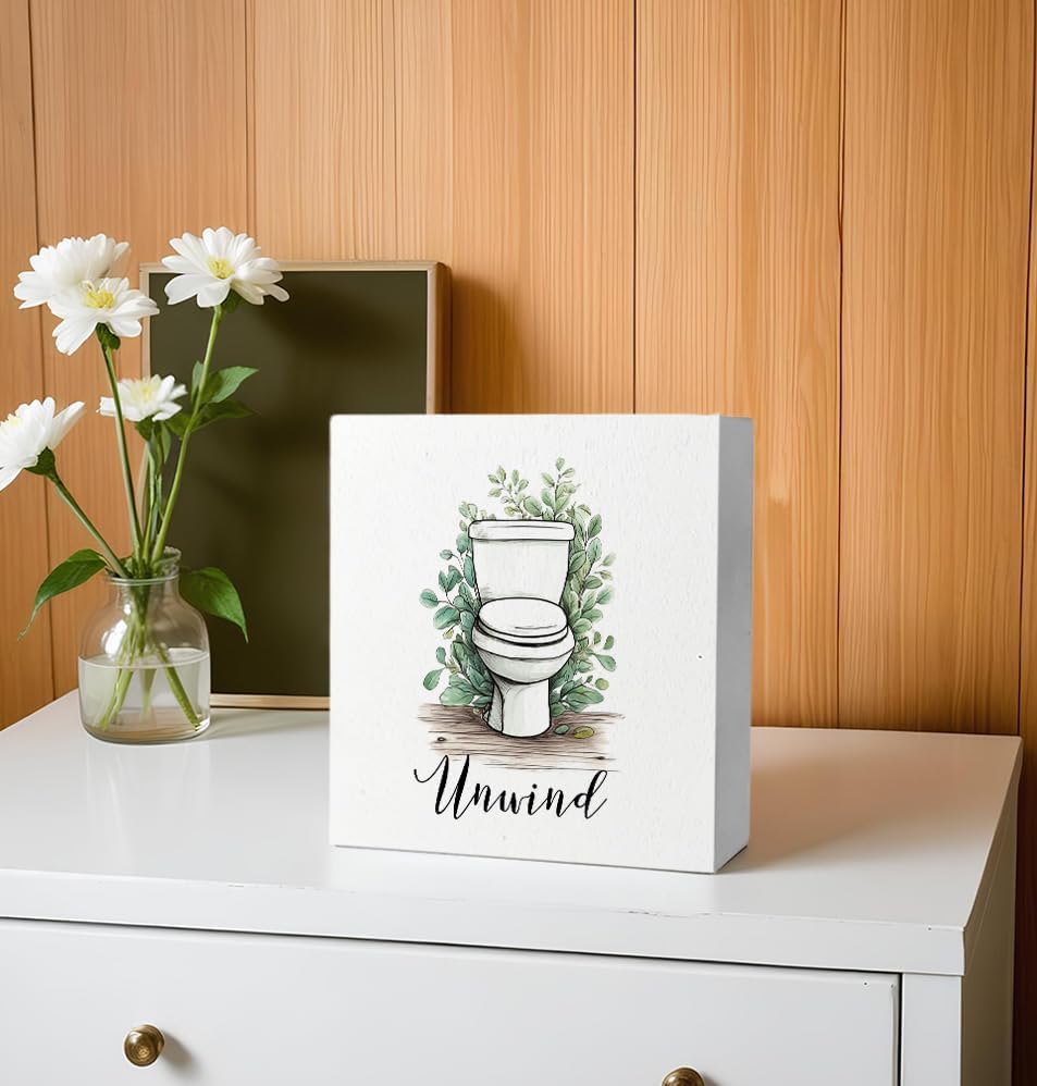 Unwind Funny Bathroom Wooden Box Sign, Eucalyptus Botanical Wood Signs for Restroom Bathroom Toilet Half Bath Shelf Counter Decor, 5x5 Inch