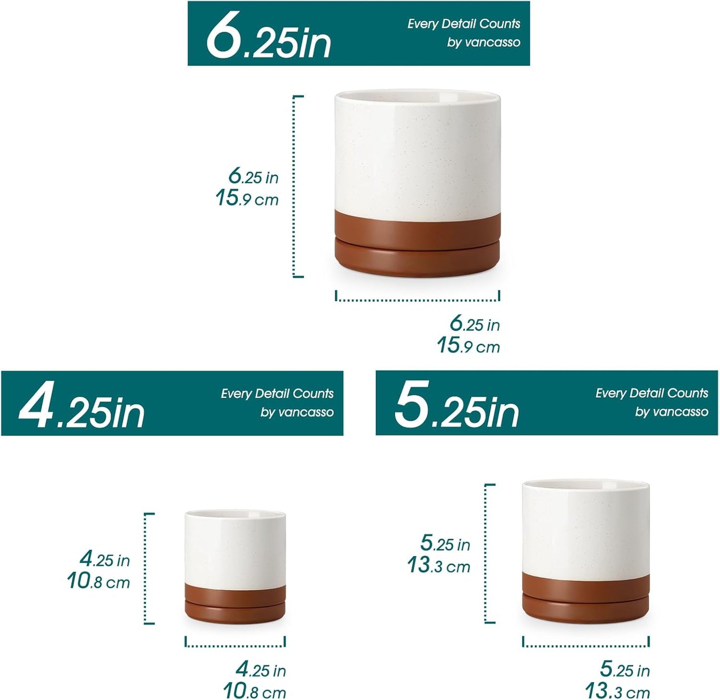 vancasso Ceramic Plant Pots, 3 Piece Planters for Indoor Plants, 4.25+5.25+6.25 Inch Flower Pots with Drainage, Plant Pots Indoor for Succulent, Pothos, Snake Plant and Money Tree, Etc (Khaki)