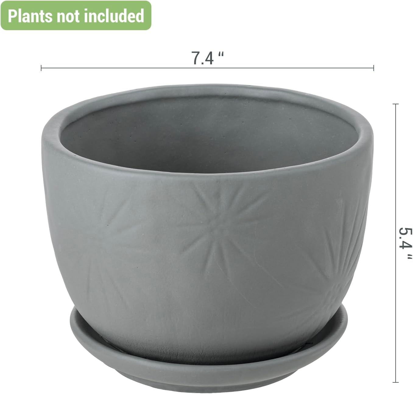MyGift 7 Inch Grey Ceramic Plant Pot with Drainage Hole and Attached Saucer, Modern Decorative Embossed Sunburst Planter Container for Indoor Home Garden