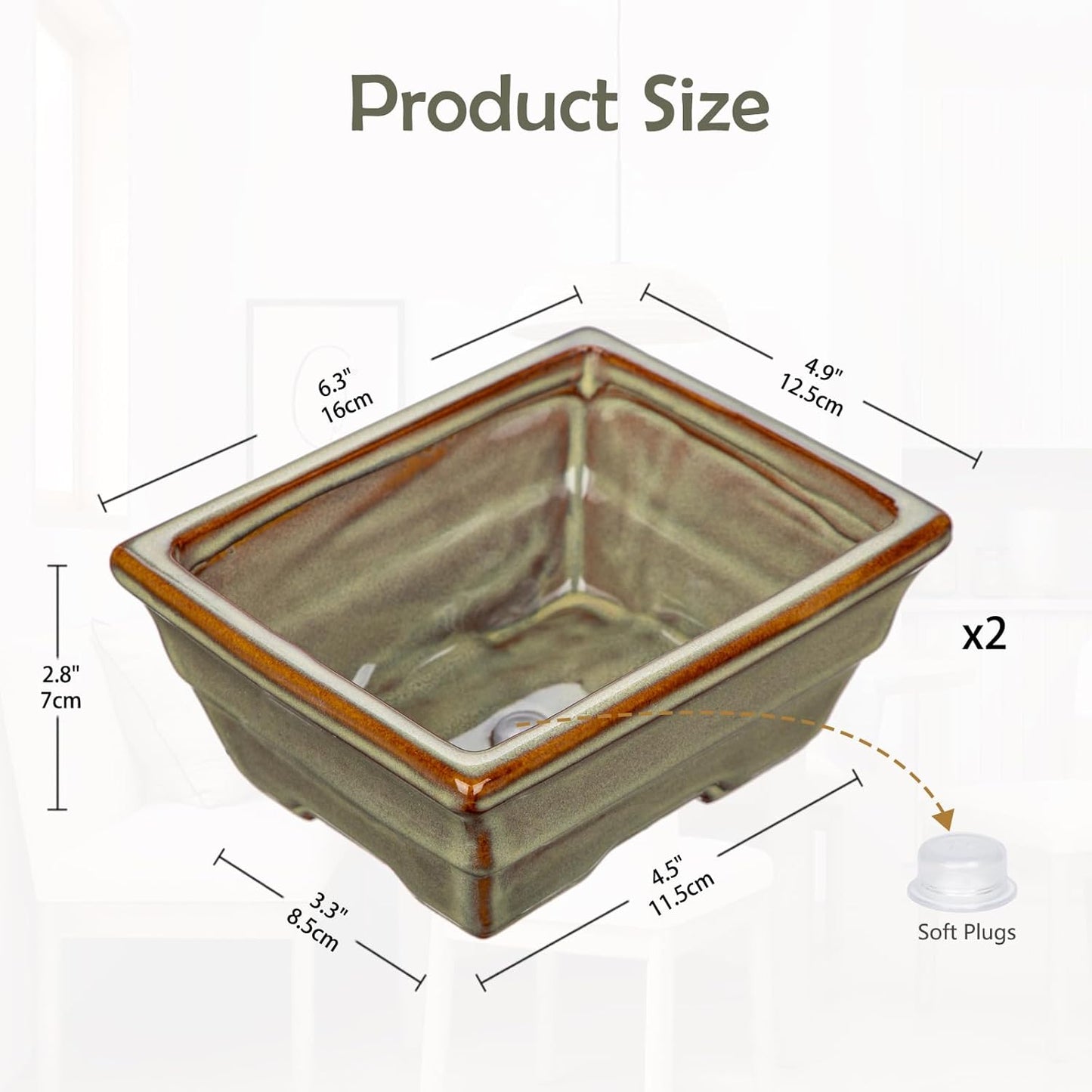 Ceramic Bonsai Pots with Drainage Hole, Set of 2 Rectangular Glazed Bonsai Planters for Indoor/Outdoor Use, Shallow Brown Bonzai Tree Pots for Succulent, Orchids, Cacti, Home, Patio, Garden, 6.3"x4.9"