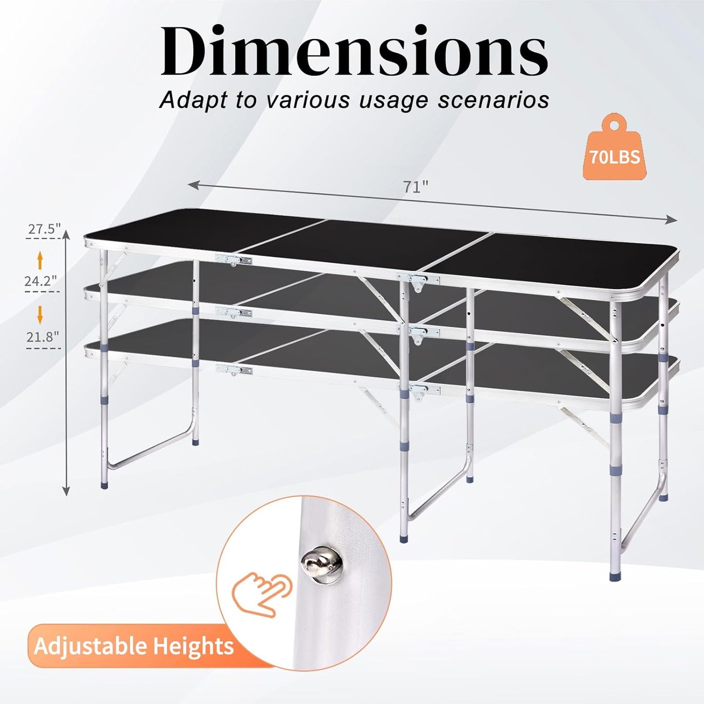 Outvita 6ft Portable Folding Camping Table, Outdoor Waterproof Adjustable Height Table, Aluminum Lightweight Suitcase Foldable Table for Picnic BBQ Beach Dining