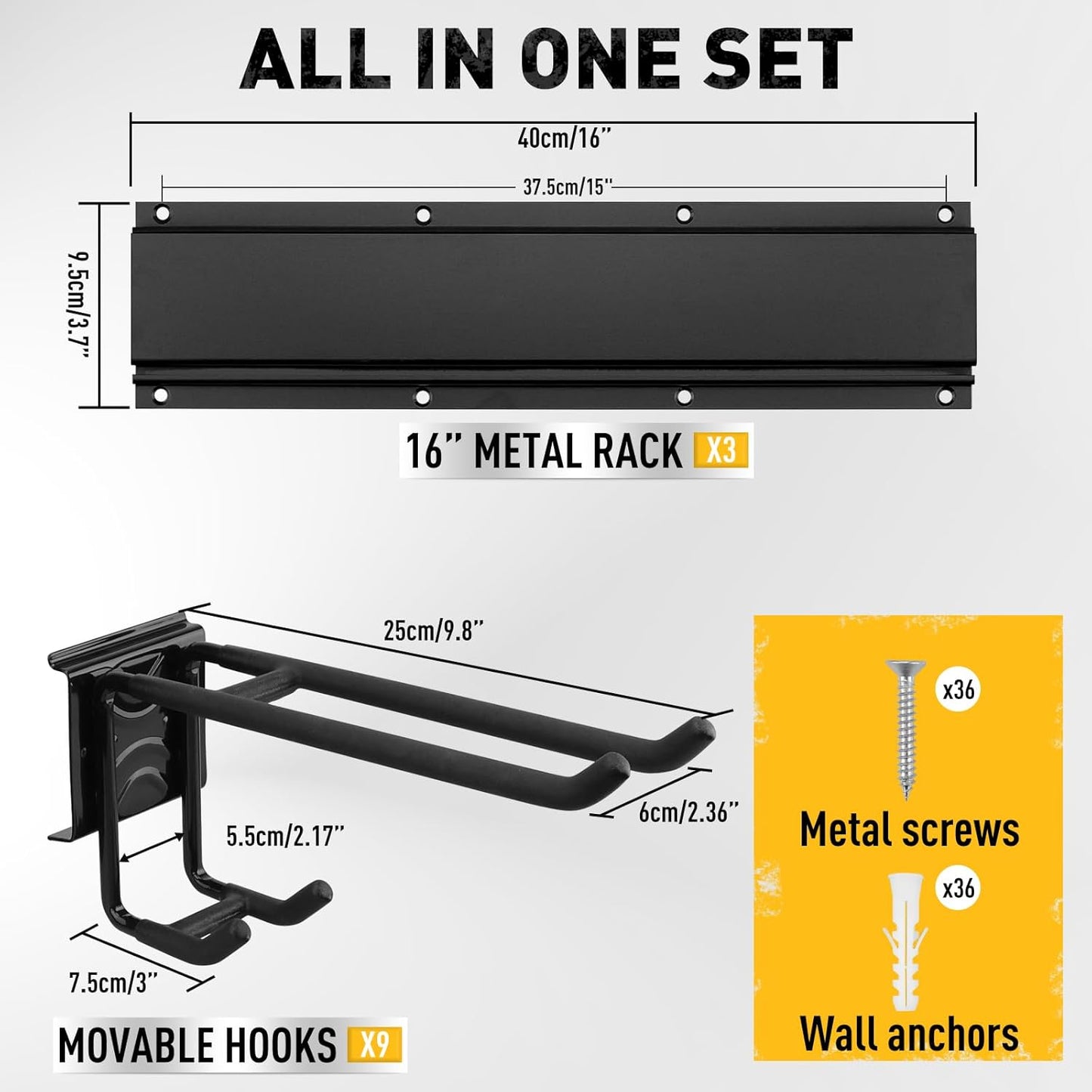 ELEAD 48 Inches Garage Storage, Garage Organization, Garden Tool Organizer Wall Mount, 9 Adjustable Heavy Duty Metal Hooks, Holds Up to 730 lbs, Yard Tool Organizer for Garden, Yard, and Shed