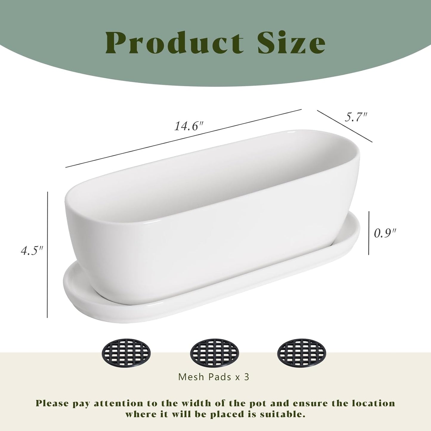 E-liu Oval Ceramic Planter Pot with Drainage Hole Saucers 14 Inch Succulents Planter Home Decor for Indoor Outdoor Plants Herb Cactus with 3 Mesh Pads, Plants Not Included