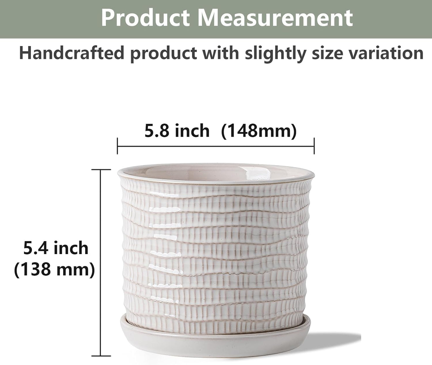 5.8 Inch Plant Pot: Ceramic Planter with Drainage Hole & Saucer for Indoor Outdoor Plants - Flowerpot with Bonded Tray for Home Office - Wave Embossed