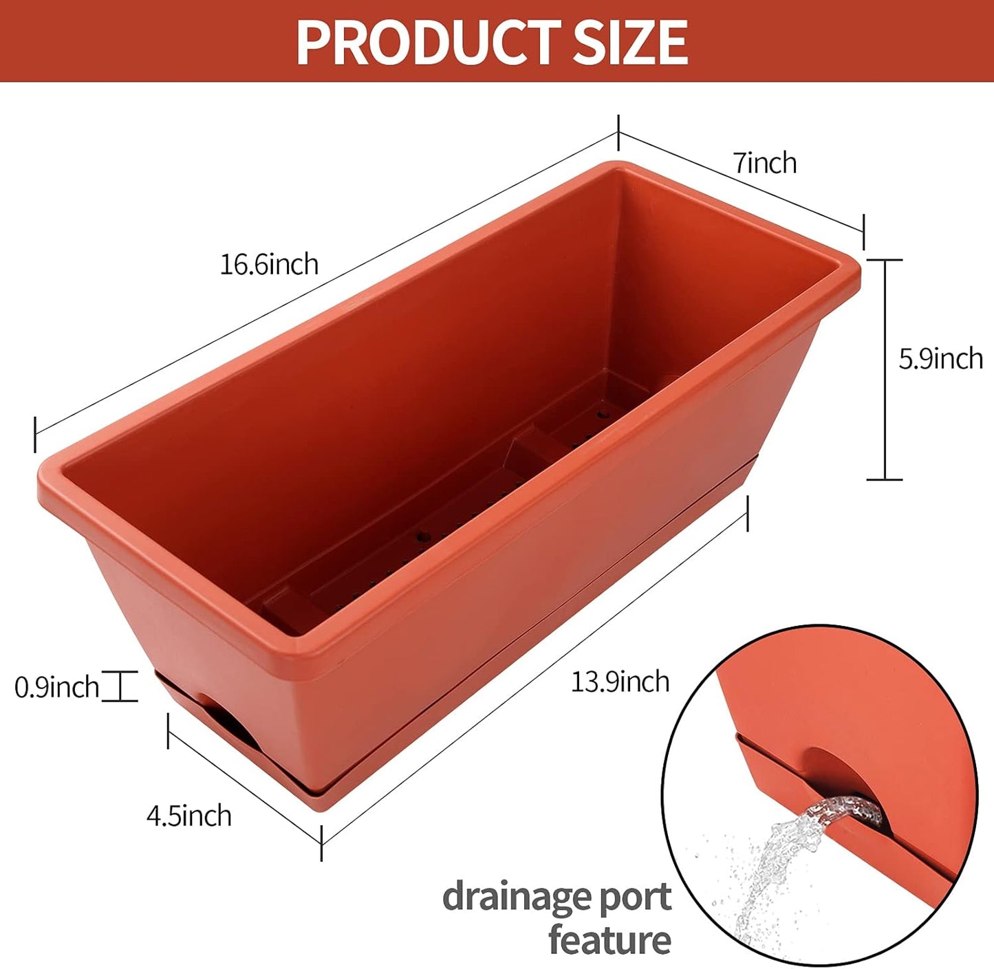 Window Box Planter, 7 Pack Plastic Vegetable Flower Planters Boxes 17 Inches Rectangular Flower Pots with Saucers for Indoor Outdoor Garden, Patio, Home Decor (Red)