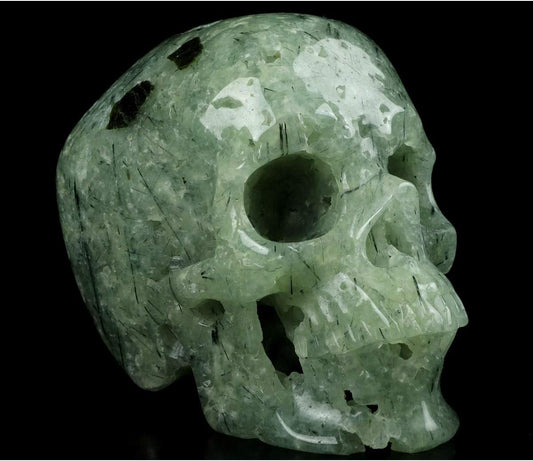 Skullis 5.0” Prehnite Super Realistic Crystal Skull, Hand Carved Gemstone Fine Art Sculpture, Reiki Healing Stone Statue.1293 Z8