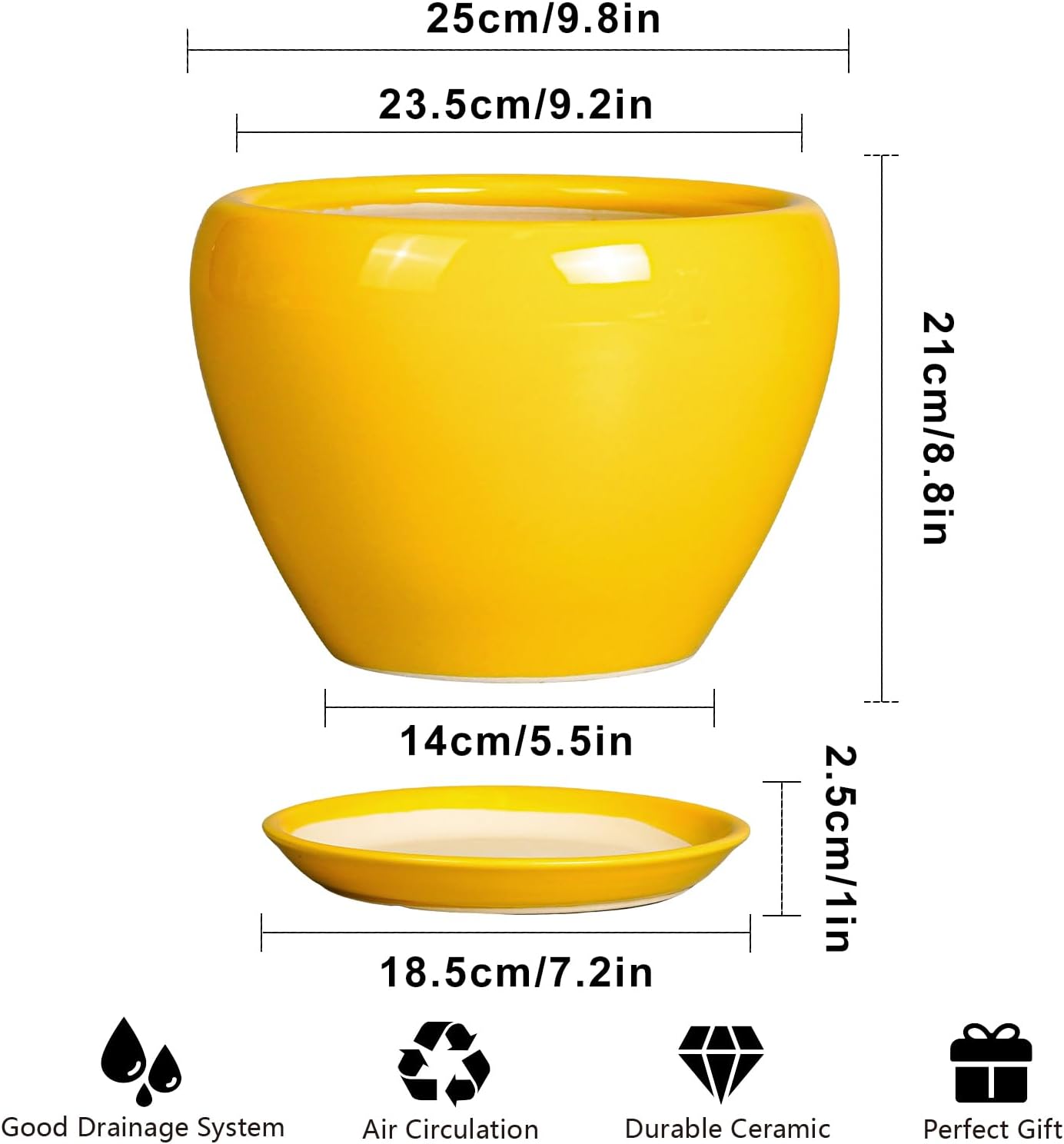 Ceramic Planter - 10 Inch Plant Pot for Indoor Outdoor Plants Glaze Modern Round Planter with Drainage Hole and Saucer for Garden Office Home Room Patio Decor, Yellow