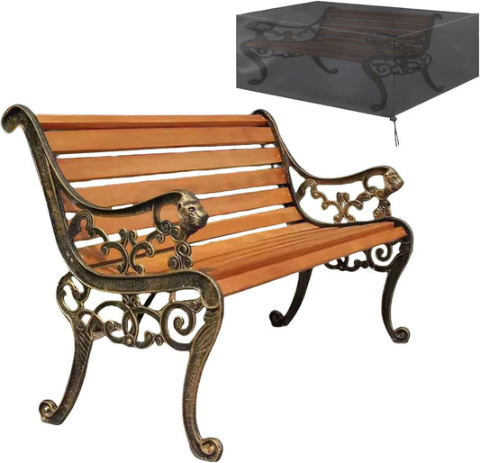 Outdoor Garden Bench with Waterproof Cover, Patio Park Lawn Solid Wood Bench with Cast Iron Frame, Patio Porch Furniture Bench with Backrest and Armrests for 2-3 People(Antique Bronze)