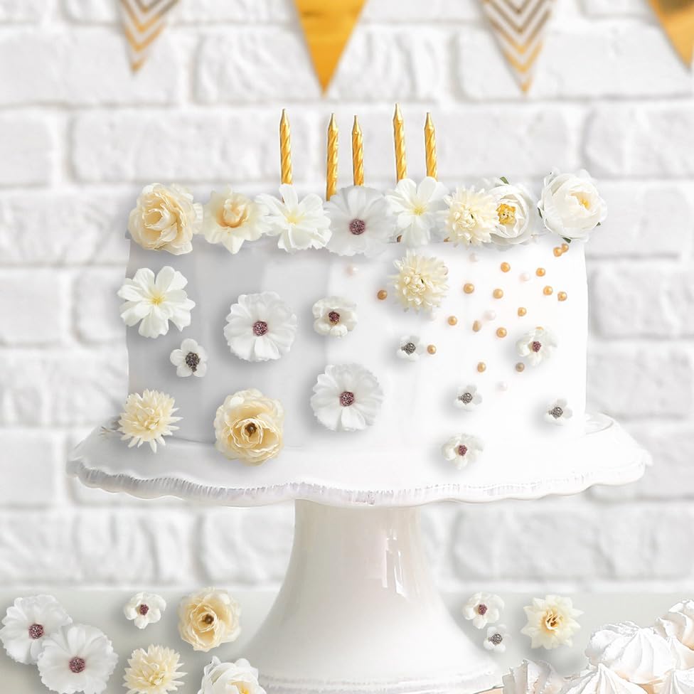 Faux Flower Heads Small Silk Artificial Flower DIY Fake Mini Flowers Rose Daisy Multicolor Flowers Craft Supplies for Wedding Party Wreath Graduation Season Party Home Decor (125, White)