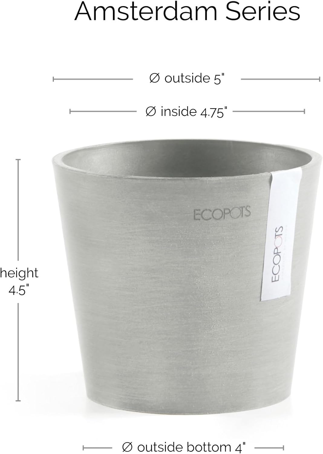 Ecopots Amsterdam Mini Durable Modern Round Recycled-Based Composite Flower Pot Planter, White Grey, 5"